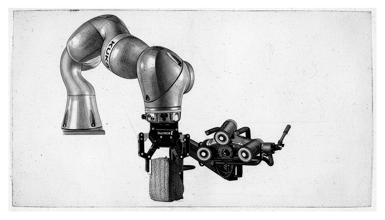 RUBINTEL — KUKA robotic arm gripping a brick fragment for demolition waste reassembly
